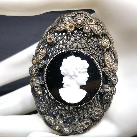 Vintage Antique Glass Cameo Marcasite Brooch, Oval Filigree Back, 2 1/2 Inches - Picture 1 of 10